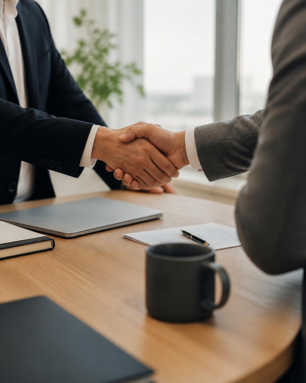 Dos ejecutivos firmando un acuerdo de mediación sobre una mesa de madera